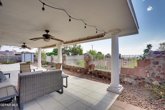 98 Northwind Dr, El Paso, TX 79912 - view of patio / terrace with an outdoor structure, fence, ceiling fan, and outdoor lounge area