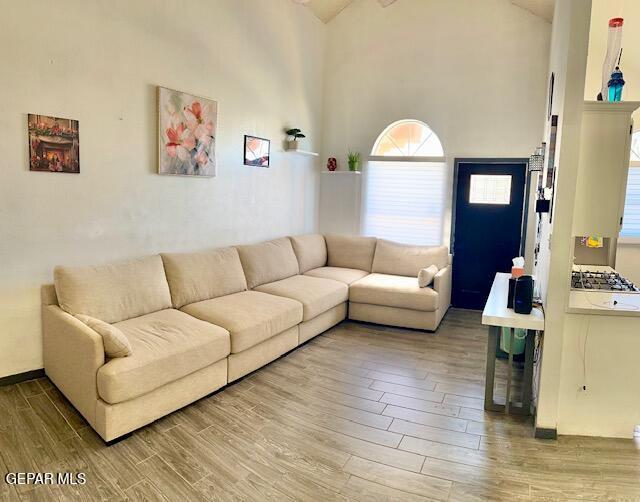 11772 Corona Crest Ave, El Paso, TX 79936 - living area with wood finished floors and high vaulted ceiling