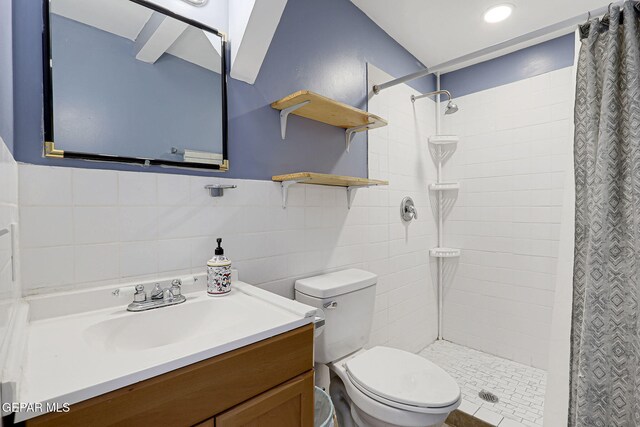 full bathroom with a shower stall, toilet, vanity, tile walls, and a wainscoted wall