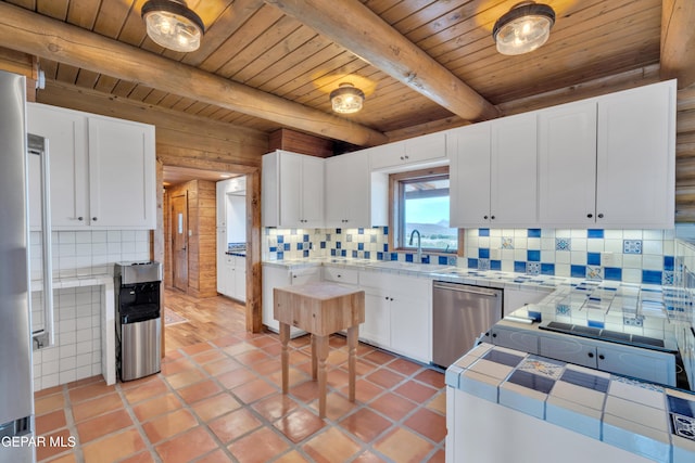 2 Scenic Ridge Rd N, Alpine, TX 99999 - kitchen with stainless steel appliances, wooden ceiling, tile countertops, a sink, and tasteful backsplash