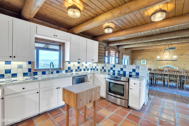 2 Scenic Ridge Rd N, Alpine, TX 99999 - kitchen with a sink, appliances with stainless steel finishes, tile counters, decorative backsplash, and wood ceiling