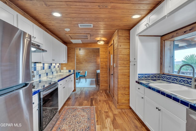 2 Scenic Ridge Rd N, Alpine, TX 99999 - kitchen with stainless steel appliances, wood ceiling, a sink, under cabinet range hood, and white cabinetry