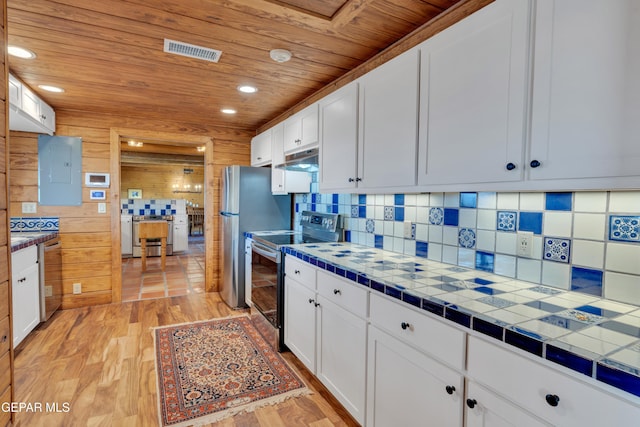 2 Scenic Ridge Rd N, Alpine, TX 99999 - kitchen featuring stainless steel appliances, wood ceiling, tile counters, light wood-style floors, and under cabinet range hood