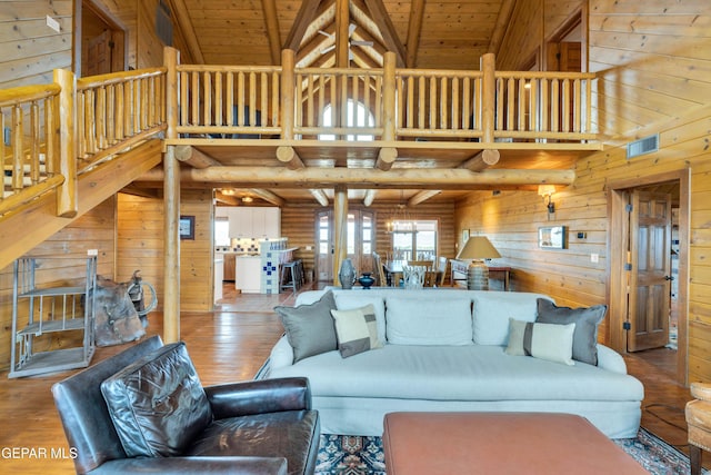 2 Scenic Ridge Rd N, Alpine, TX 99999 - living area featuring wood finished floors, wood walls, high vaulted ceiling, beam ceiling, and wood ceiling