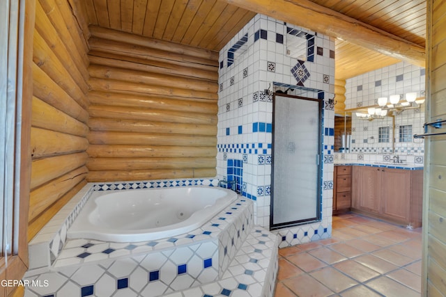 2 Scenic Ridge Rd N, Alpine, TX 99999 - full bath with wooden ceiling, rustic walls, tile patterned floors, a jetted tub, and vanity
