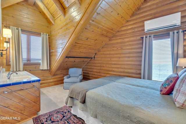 2 Scenic Ridge Rd N, Alpine, TX 99999 - carpeted bedroom featuring a wall mounted air conditioner, log walls, and wood ceiling