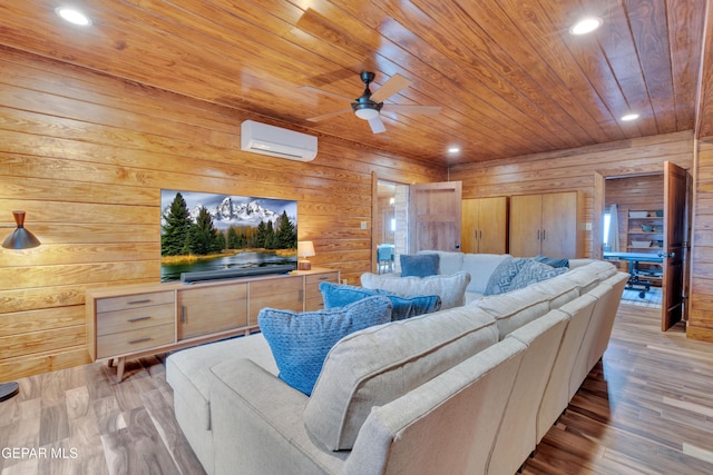 2 Scenic Ridge Rd N, Alpine, TX 99999 - living area with wood ceiling, a wall mounted air conditioner, wooden walls, a ceiling fan, and recessed lighting