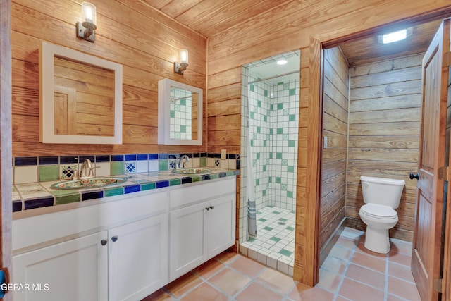 2 Scenic Ridge Rd N, Alpine, TX 99999 - full bathroom featuring wood walls, a stall shower, toilet, double vanity, and wood ceiling