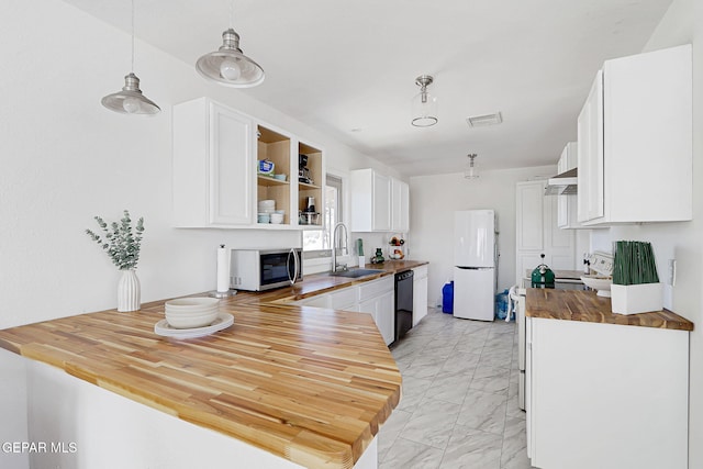 4731 Leeds Ave, El Paso, TX 79903 - kitchen with a sink, white appliances, marble finish floor, visible vents, and white cabinets