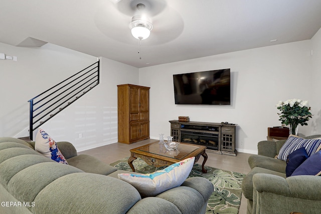 7809 Enchanted Circle Dr, El Paso, TX 79911 - living room with stairway, ceiling fan, and baseboards