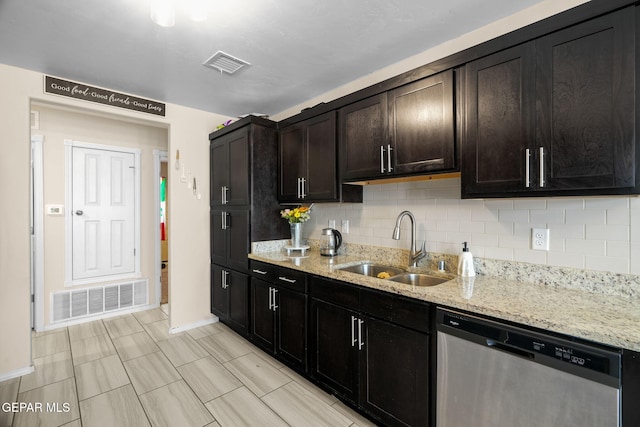 kitchen featuring dishwasher, visible vents, baseboards, and a sink
