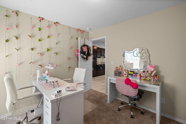 home office with light colored carpet and visible vents