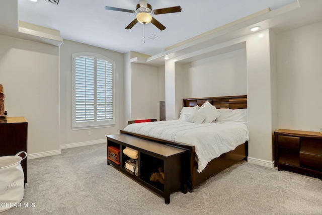 carpeted bedroom featuring baseboards, a ceiling fan, and recessed lighting