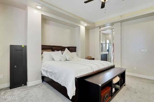 carpeted bedroom with baseboards, connected bathroom, and recessed lighting