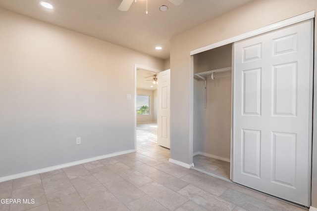 unfurnished bedroom with recessed lighting, a closet, baseboards, and a ceiling fan