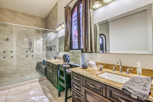 full bathroom featuring a shower stall, vanity, tile patterned flooring, and recessed lighting