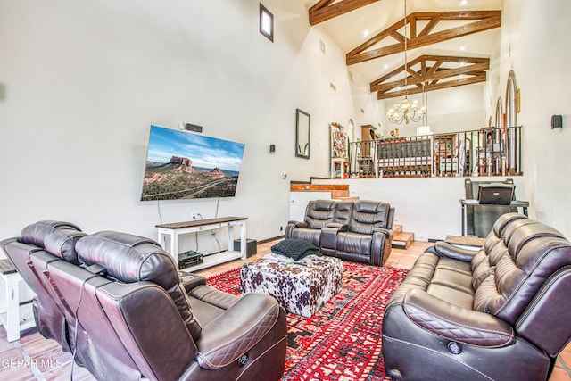 living room featuring high vaulted ceiling, a chandelier, and beamed ceiling