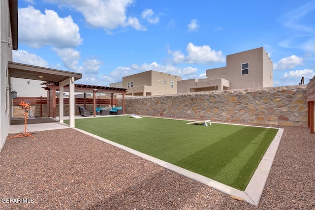 13868 Sky Ranger Ave, El Paso, TX 79928 - fenced backyard with a patio, an outdoor hangout area, and a pergola