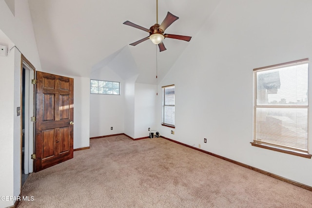 1759 Green Gate Way, El Paso, TX 79936 - carpeted empty room featuring a ceiling fan, high vaulted ceiling, and baseboards