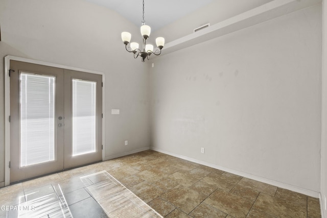 empty room with french doors, a chandelier, visible vents, baseboards, and vaulted ceiling