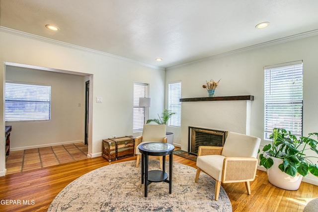 living area featuring crown molding, a fireplace with raised hearth, wood finished floors, recessed lighting, and baseboards