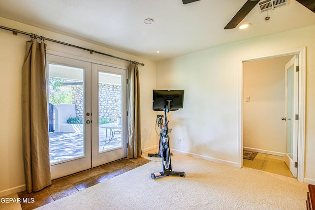 workout area featuring french doors, a ceiling fan, baseboards, and recessed lighting