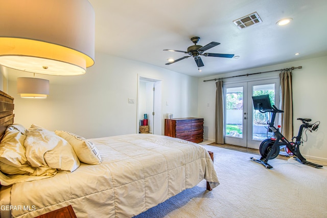 carpeted bedroom featuring french doors, access to outside, baseboards, recessed lighting, and a ceiling fan