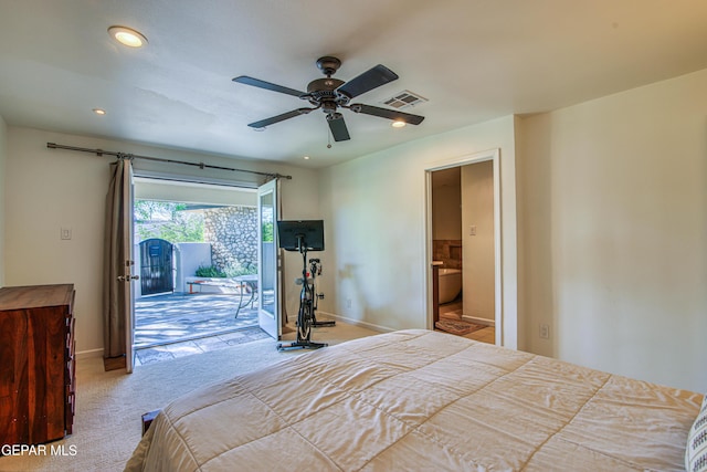 bedroom featuring access to exterior, carpet floors, baseboards, recessed lighting, and ensuite bathroom