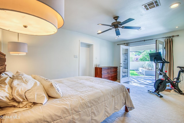 bedroom with access to outside, carpet flooring, recessed lighting, and ceiling fan