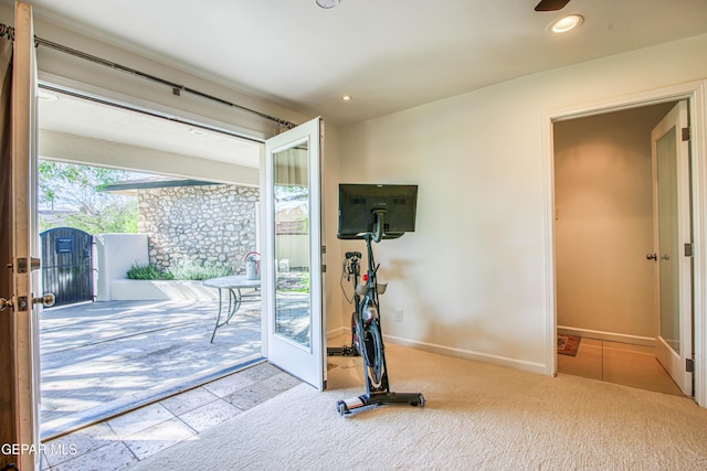 exercise room with french doors, recessed lighting, carpet floors, and baseboards