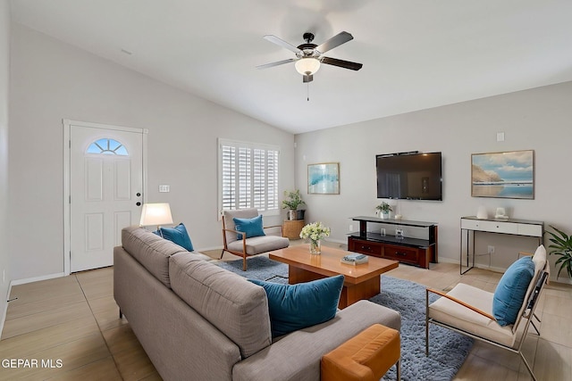14182 John Scagno, El Paso, TX 79938 - living area with light tile patterned floors, a ceiling fan, baseboards, and lofted ceiling