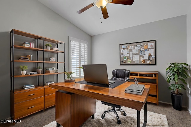 14182 John Scagno, El Paso, TX 79938 - office featuring a ceiling fan, baseboards, lofted ceiling, and dark carpet