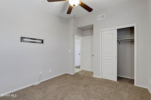 14182 John Scagno, El Paso, TX 79938 - unfurnished bedroom with a ceiling fan, a closet, baseboards, carpet flooring, and visible vents
