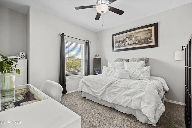 bedroom featuring carpet floors, baseboards, and a ceiling fan