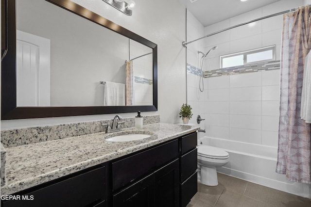 bathroom featuring shower / bath combination with curtain, vanity, toilet, and tile patterned flooring