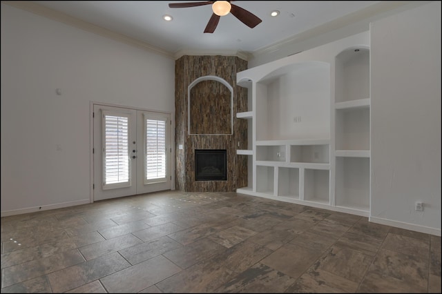 unfurnished living room featuring ceiling fan, built in features, ornamental molding, french doors, and baseboards