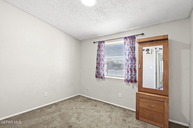 carpeted empty room with a textured ceiling and baseboards