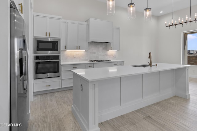 820 Acton St, Horizon City, TX 79928 - kitchen featuring appliances with stainless steel finishes, a sink, tasteful backsplash, light countertops, and light wood-style flooring