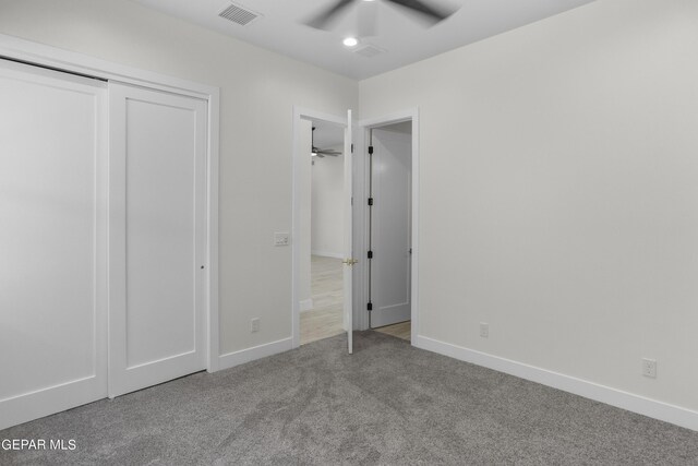 820 Acton St, Horizon City, TX 79928 - unfurnished bedroom with carpet floors, baseboards, a closet, a ceiling fan, and recessed lighting
