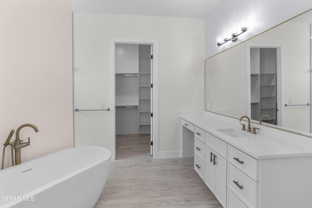 820 Acton St, Horizon City, TX 79928 - bathroom with a spacious closet, vanity, a soaking tub, wood finished floors, and baseboards