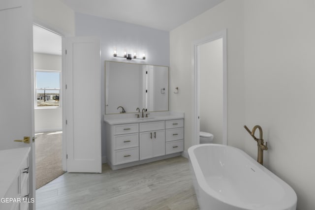 820 Acton St, Horizon City, TX 79928 - full bath with vanity, a soaking tub, wood finished floors, and toilet