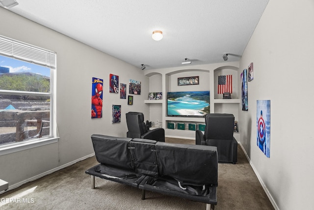 carpeted office with baseboards and a textured ceiling