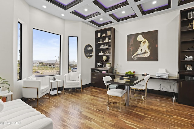 5905 Ojo De Agua Dr, El Paso, TX 79912 - dining space featuring wood finished floors, coffered ceiling, beamed ceiling, recessed lighting, and baseboards