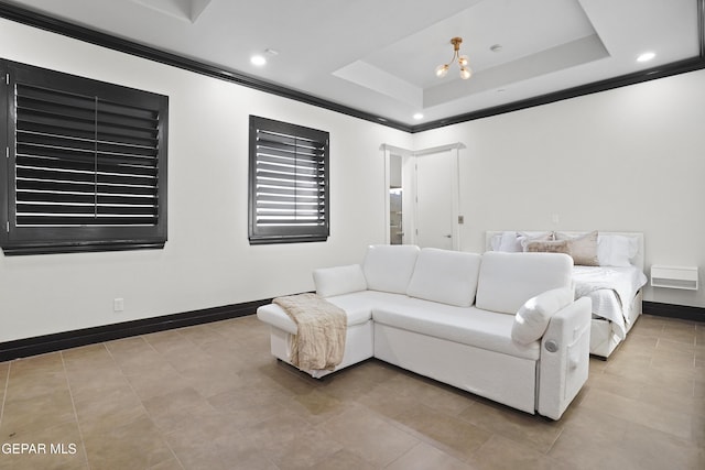 5905 Ojo De Agua Dr, El Paso, TX 79912 - living area featuring crown molding, baseboards, recessed lighting, tile patterned floors, and a raised ceiling