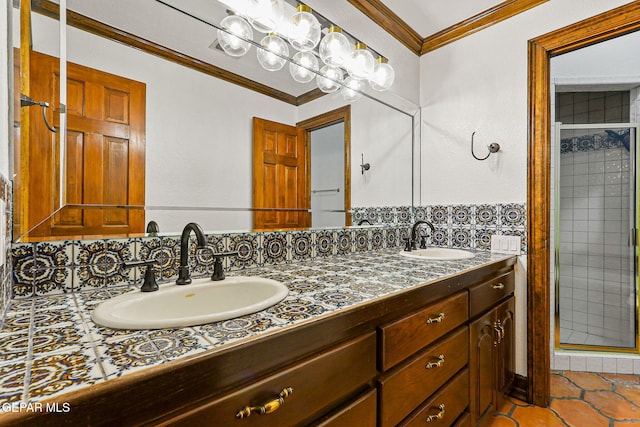 full bath with a shower stall, crown molding, tile patterned floors, and decorative backsplash