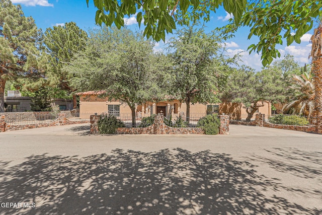 view of property hidden behind natural elements featuring stucco siding and a fenced front yard