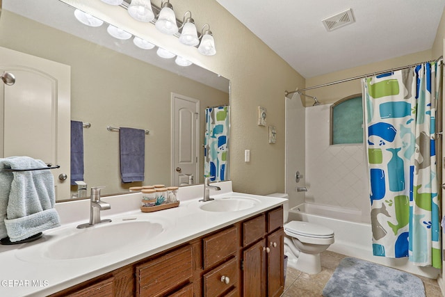 full bath featuring shower / tub combo, double vanity, tile patterned floors, and toilet