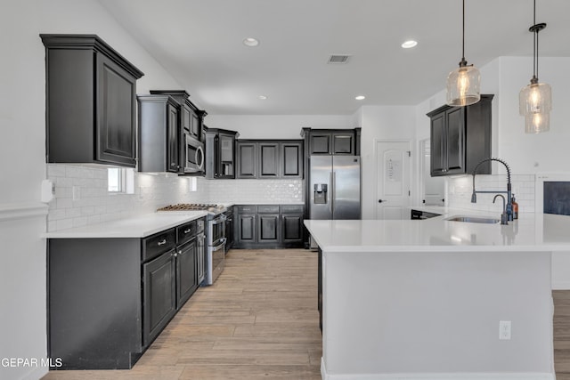 kitchen featuring appliances with stainless steel finishes, a sink, tasteful backsplash, a peninsula, and light wood finished floors
