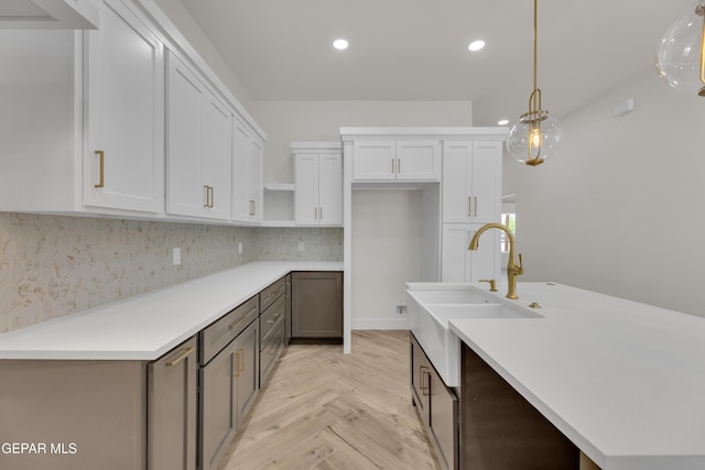 429 Lesa Ln, El Paso, TX 79915 - kitchen featuring a sink, white cabinets, open shelves, decorative light fixtures, and recessed lighting