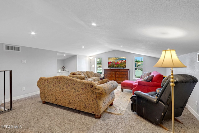 living area featuring vaulted ceiling, carpet, baseboards, a textured ceiling, and recessed lighting